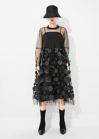 Black Oversized Patchwork Hollow Out Tulle Long Dress Summer Ly0883