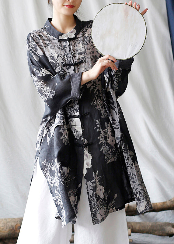 Black Oversized Print Linen Oriental Cardigan Spring Tm008