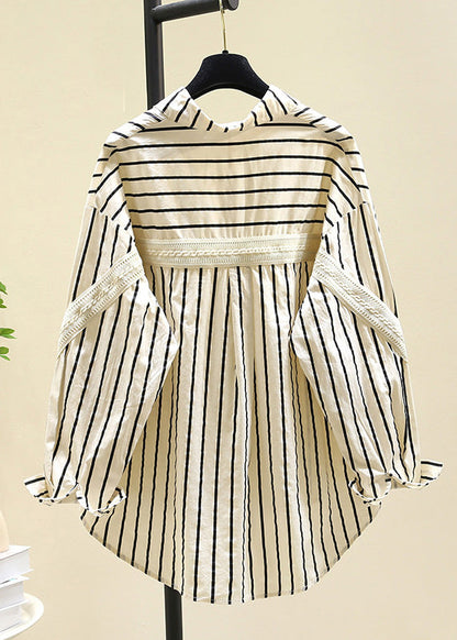 Black Peter Pan Collar Striped Cotton Blouse Top Fall Rf011