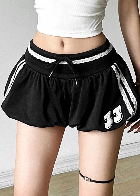 Waist Shorts Striped Cotton Summer Elastic Black