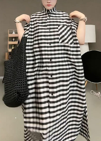 Black Striped Stand Collar Button Maxi Dress Short Sleeve Tr017
