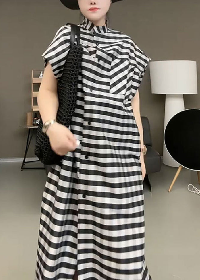 Black Striped Stand Collar Button Maxi Dress Short Sleeve Tr017