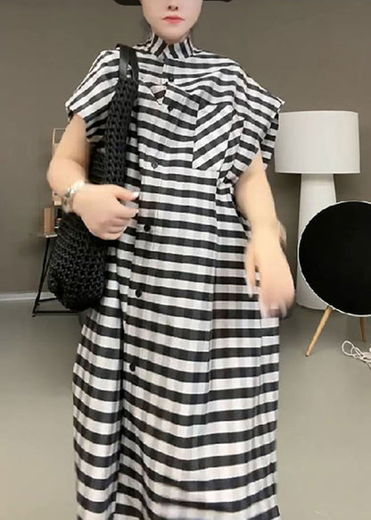 Black Striped Stand Collar Button Maxi Dress Short Sleeve Tr017