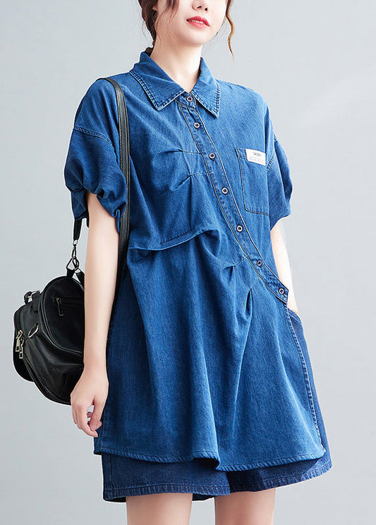 Blue Peter Pan Collar Cotton Shirts and Shorts Two Pieces Set Summer Ly0639