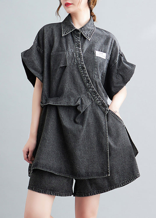 Blue Peter Pan Collar Cotton Shirts and Shorts Two Pieces Set Summer Ac2063
