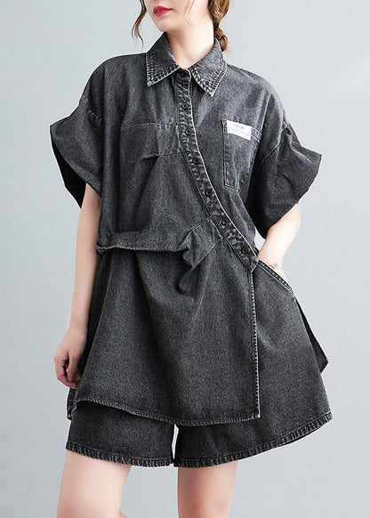 Blue Peter Pan Collar Cotton Shirts and Shorts Two Pieces Set Summer Ac2063