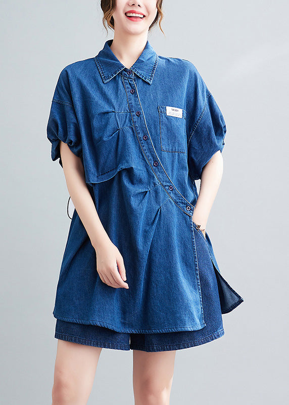 Blue Peter Pan Collar Cotton Shirts and Shorts Two Pieces Set Summer Ac2063