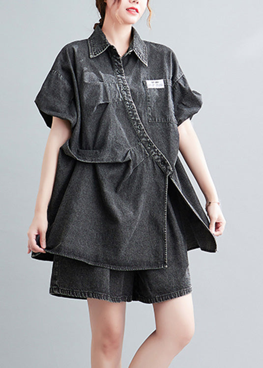Blue Peter Pan Collar Cotton Shirts and Shorts Two Pieces Set Summer Ac2063