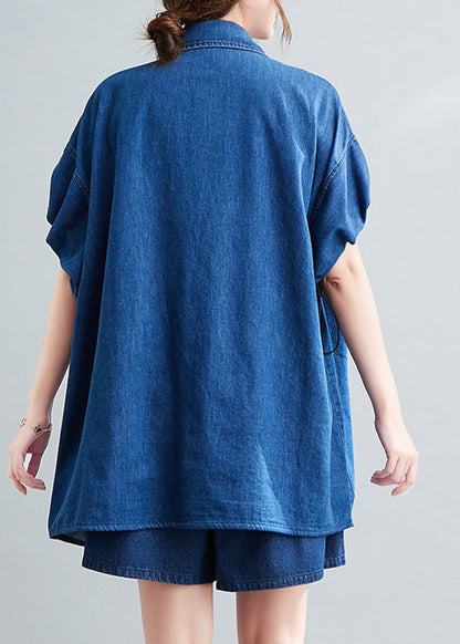 Blue Peter Pan Collar Cotton Shirts and Shorts Two Pieces Set Summer Ly0639