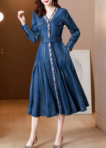 Blue V Neck Print Button Sashes Silk Denim Maxi Dresses Long Sleeve Ac2017