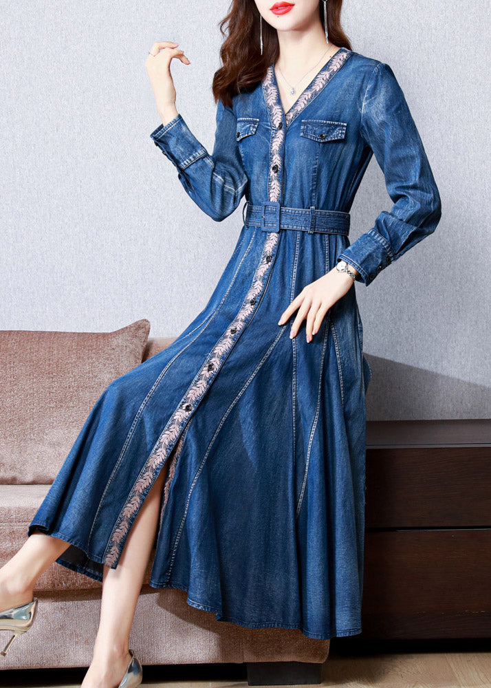 Blue V Neck Print Button Sashes Silk Denim Maxi Dresses Long Sleeve Ac2017