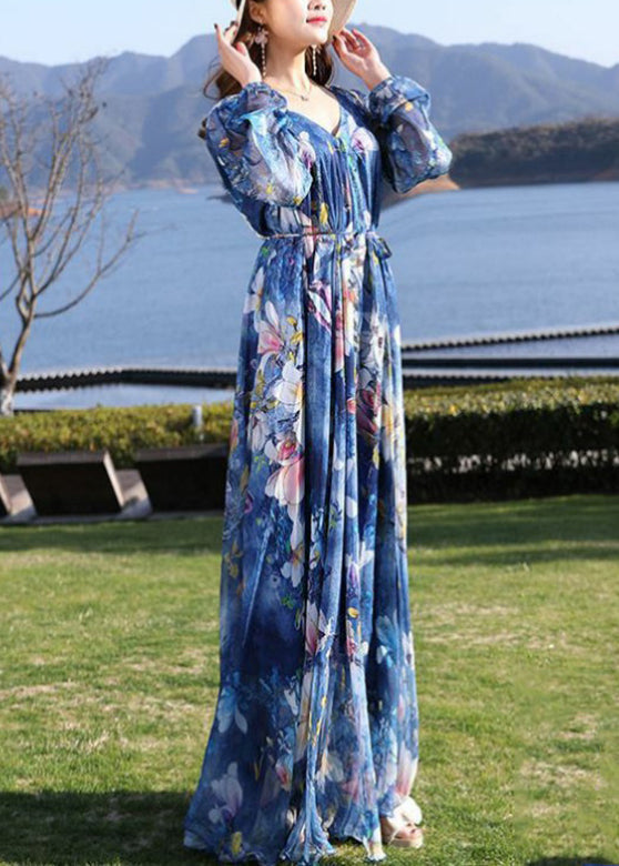 Blue V Neck Print Tie Waist Chiffon Long Dress Long Sleeve Ly1725