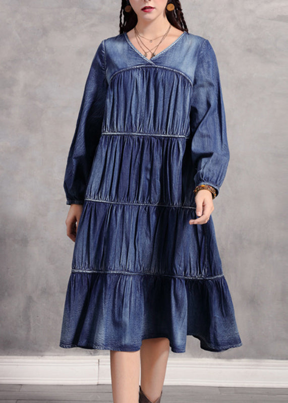 Blue V Neck Wrinkled Patchwork Denim Long Dress Long Sleeve Nn018