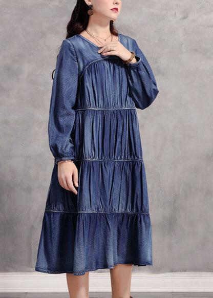 Blue V Neck Wrinkled Patchwork Denim Long Dress Long Sleeve Nn018