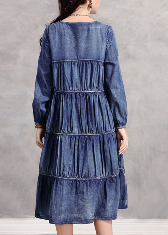 Blue V Neck Wrinkled Patchwork Denim Long Dress Long Sleeve Nn018