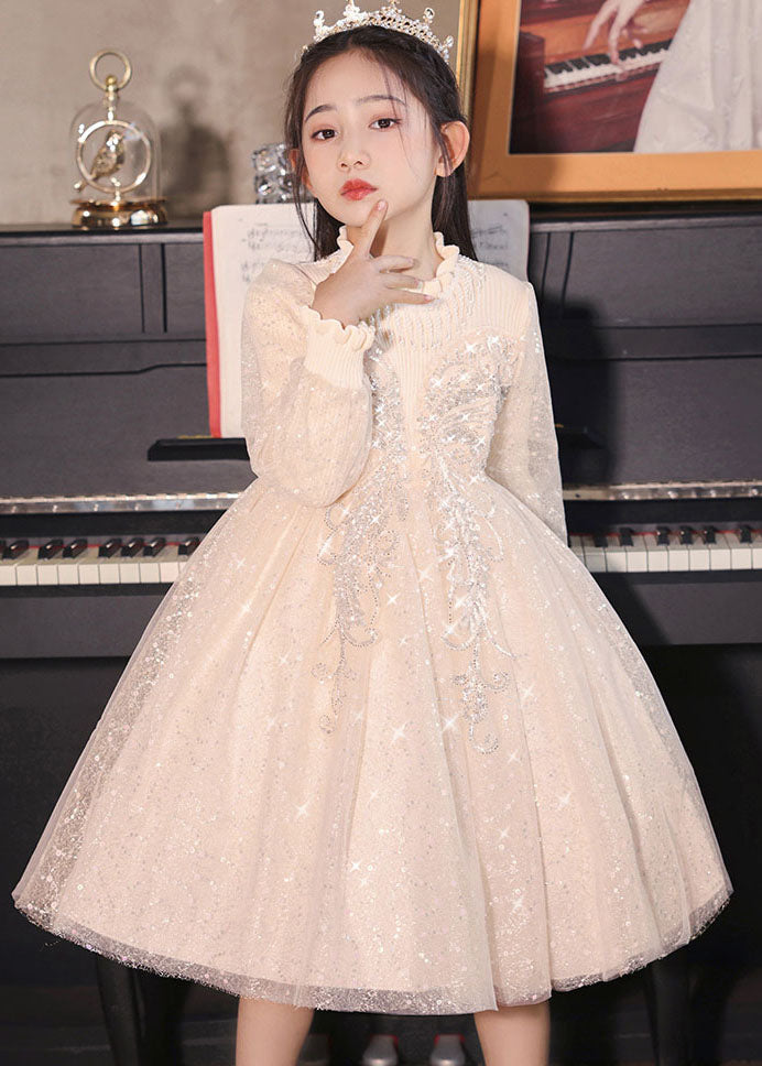 Champagne Stand Collar Nail Bead Tulle Kids Long Dress Fall Qv020