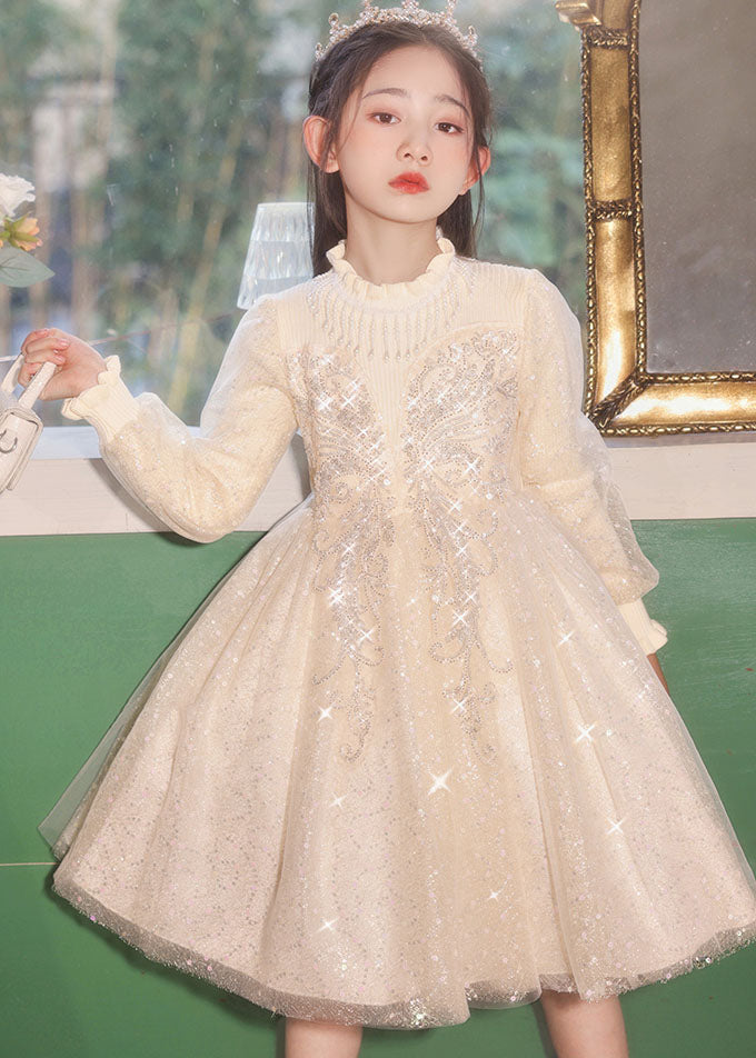 Champagne Stand Collar Nail Bead Tulle Kids Long Dress Fall Qv020