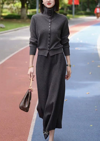 Dark Grey Stand Collar Cotton Knit Cardigans and Maxi Skirts Two Piece Set Winter Rf035
