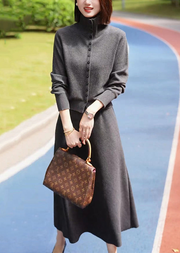 Dark Grey Stand Collar Cotton Knit Cardigans and Maxi Skirts Two Piece Set Winter Rf035