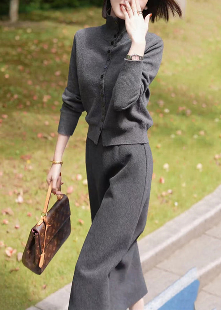 Dark Grey Stand Collar Cotton Knit Cardigans and Maxi Skirts Two Piece Set Winter Rf035