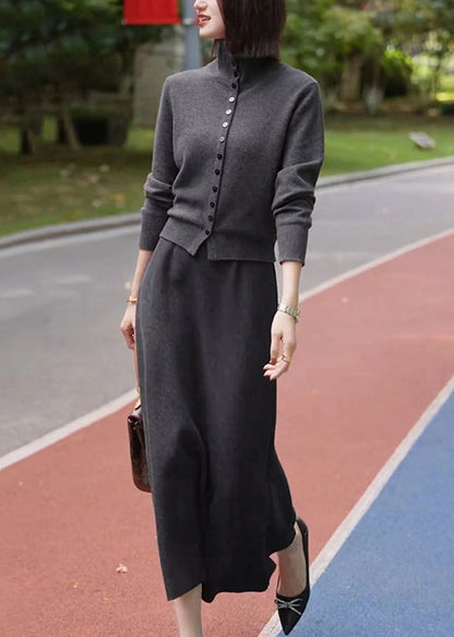 Dark Grey Stand Collar Cotton Knit Cardigans and Maxi Skirts Two Piece Set Winter Rf035