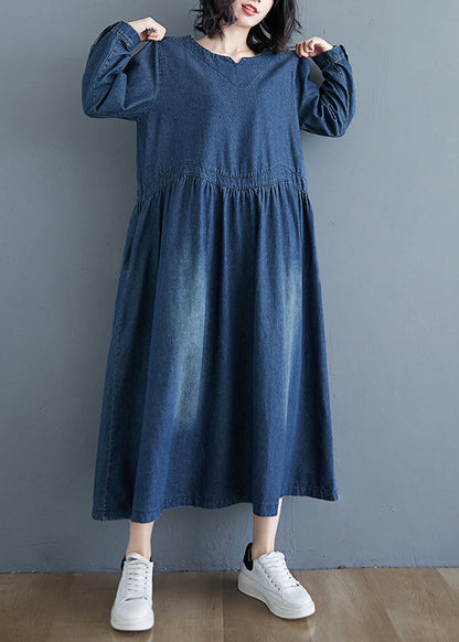 Denim Blue Patchwork Long Dress Long Sleeve Gh1072