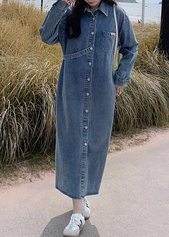 Denim Blue Peter Pan Collar Patchwork Button Long Dress Fall Rp003