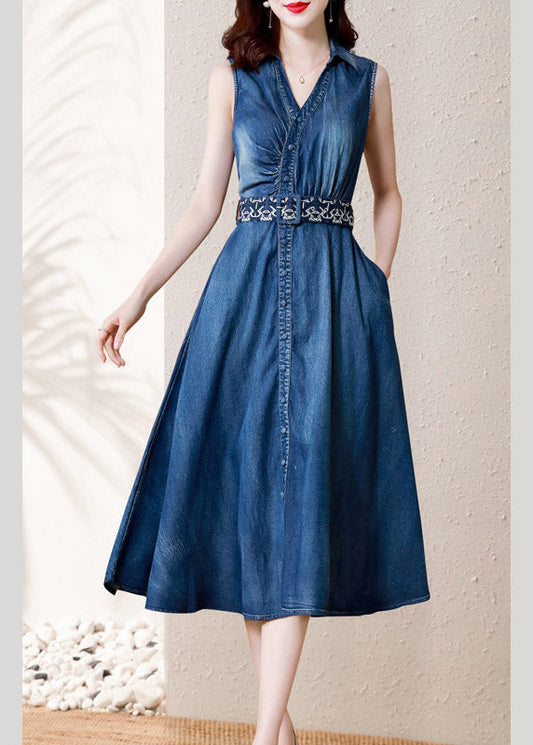 Denim Blue V Neck Button Sashes Cotton Party Long Dress Summer Ac2043
