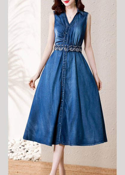 Denim Blue V Neck Button Sashes Cotton Party Long Dress Summer Ac2043