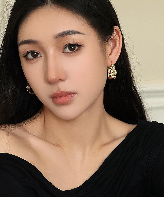 Gold Metal Relief Portrait Hollow Out Hoop Earrings