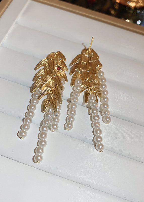 Gold Overgild Butterfly Pearl Leaf Tassel Drop Earrings
