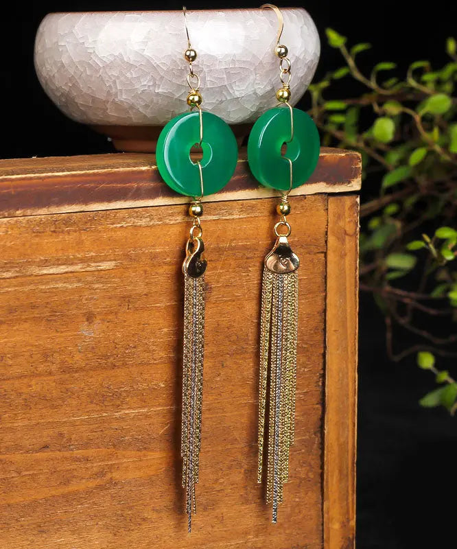 14k Gold Ping Buckle Chalcedony Tassel Drop Earrings