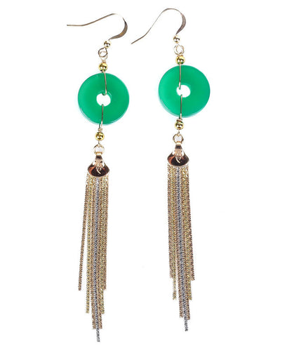 Green 14k Gold Ping Buckle Chalcedony Tassel Drop Earrings