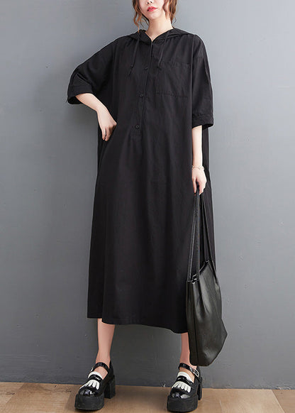 Green Button Neck Tie Cotton Hooded Long Dress Summer Ac2034