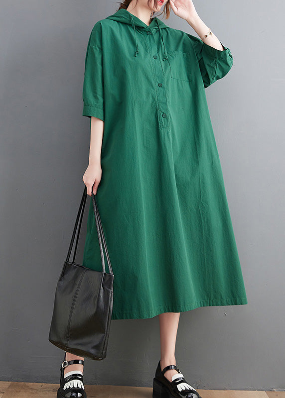 Green Button Neck Tie Cotton Hooded Long Dress Summer Ac2034