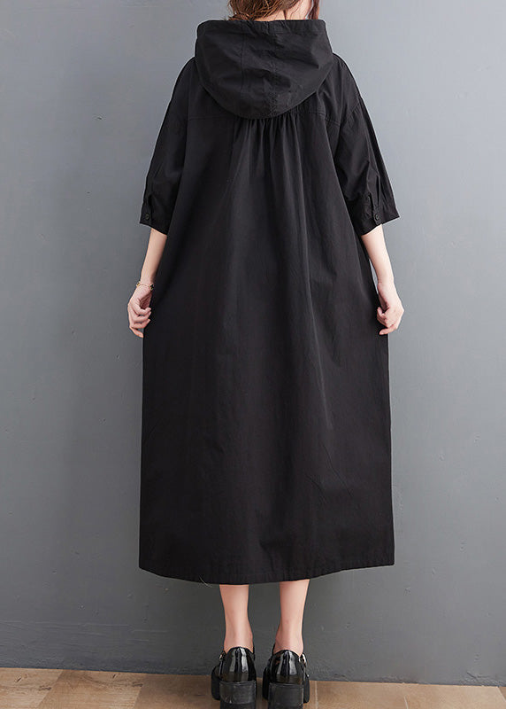 Green Button Neck Tie Cotton Hooded Long Dress Summer Ac2034