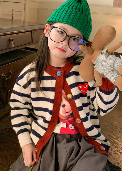Green O-neck Striped Button Cotton Knit Kids Cardigan Winter Wl035
