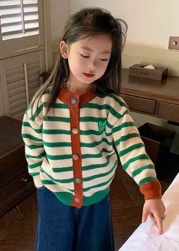 Green O-neck Striped Button Cotton Knit Kids Cardigan Winter Wl035