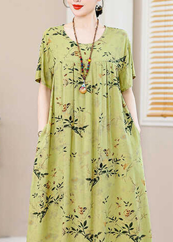 Green Print Pockets Silk Cotton Long Dresses Summer Qb013