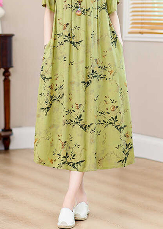 Green Print Pockets Silk Cotton Long Dresses Summer Qb013