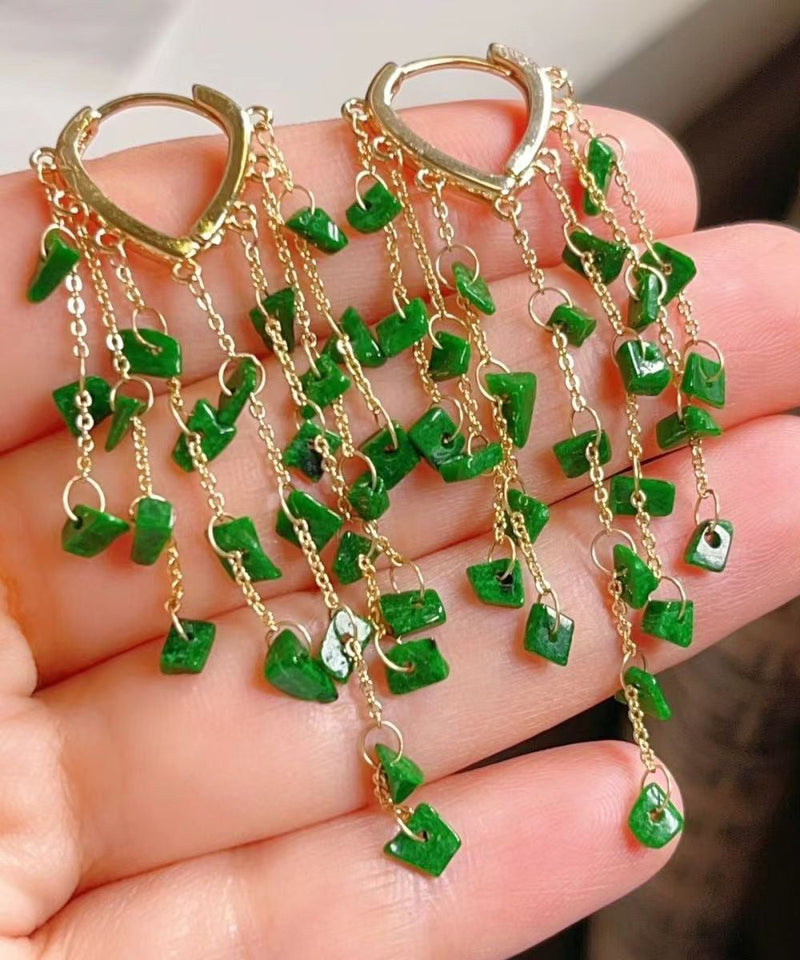 Green Sterling Silver 14k Gold Jade Tassel Drop Earrings Kx1003