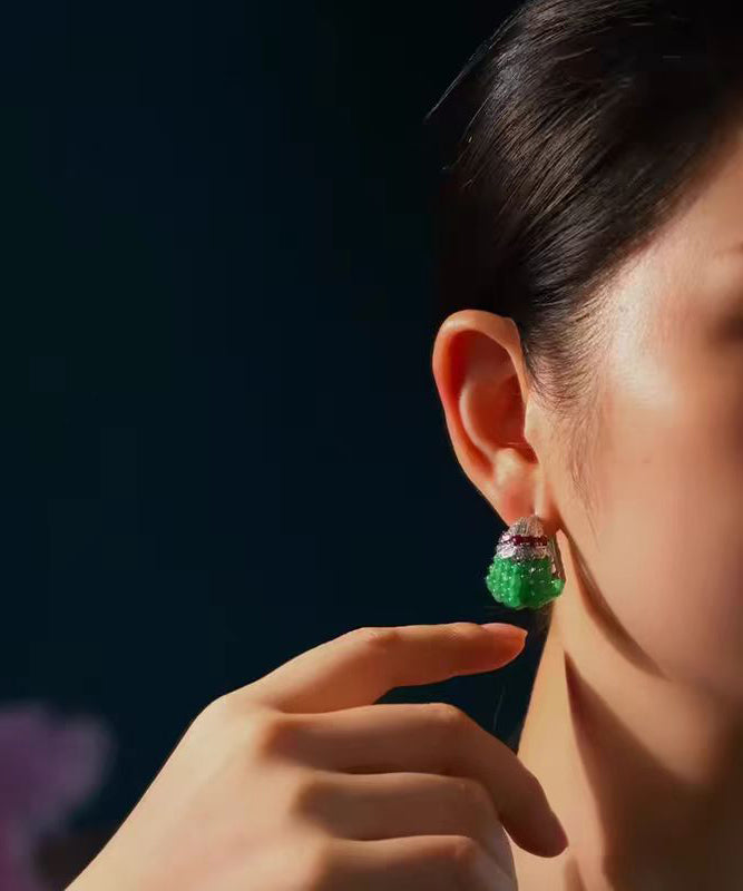Green Sterling Silver Beading Hoop Earrings