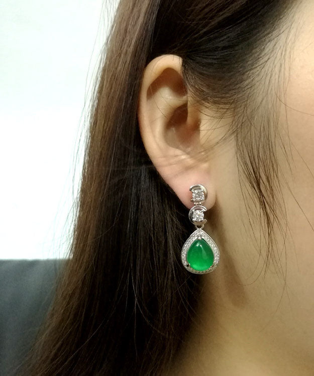 Green Sterling Silver Inlaid Zircon Chalcedony Water Drop Drop Earrings