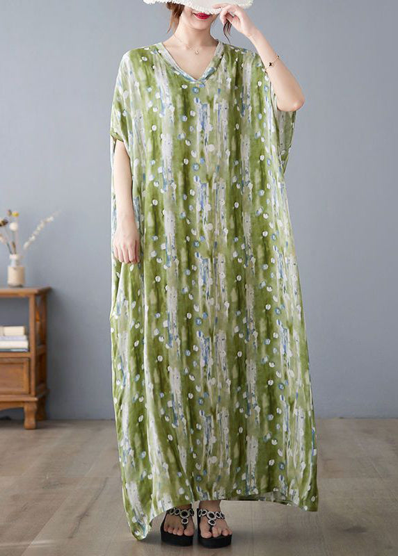 Green V Neck Print Linen Long Dress Summer Ly0915