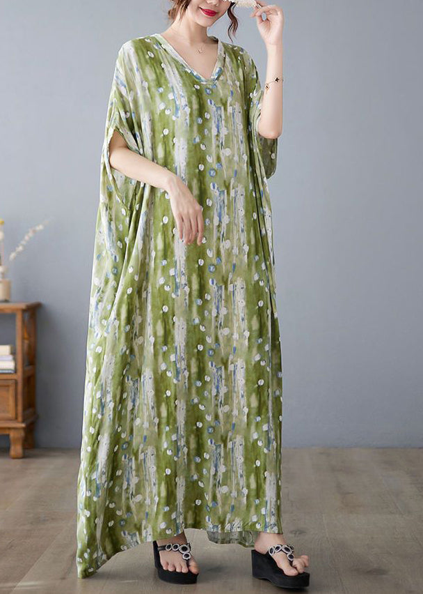 Green V Neck Print Linen Long Dress Summer Ly0915