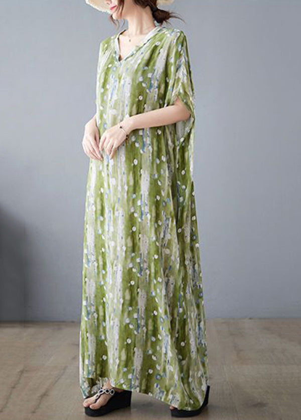 Green V Neck Print Linen Long Dress Summer Ly0915
