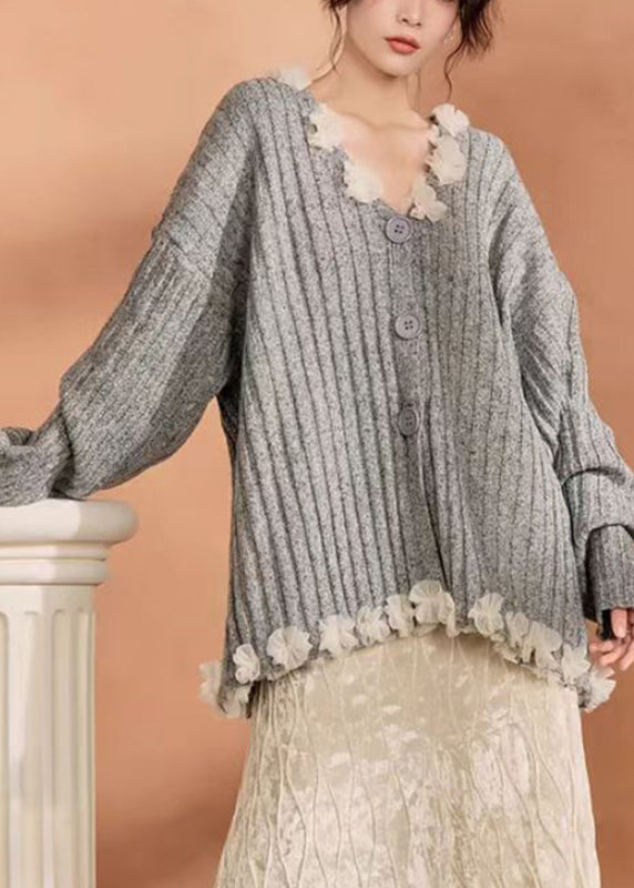 Grey Button Tulle Patchwork Cotton Knit Cardigan Winter Wn006