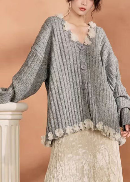 Grey Button Tulle Patchwork Cotton Knit Cardigan Winter Wn006
