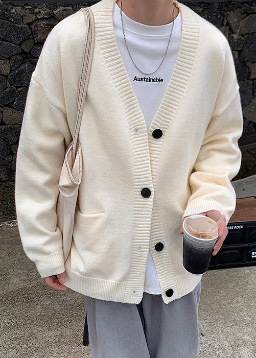 Neck V Spring Knit Cardigans Button Grey