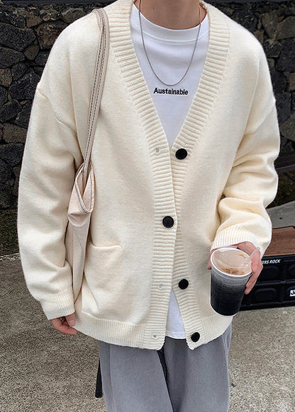 Neck V Spring Knit Cardigans Button Grey